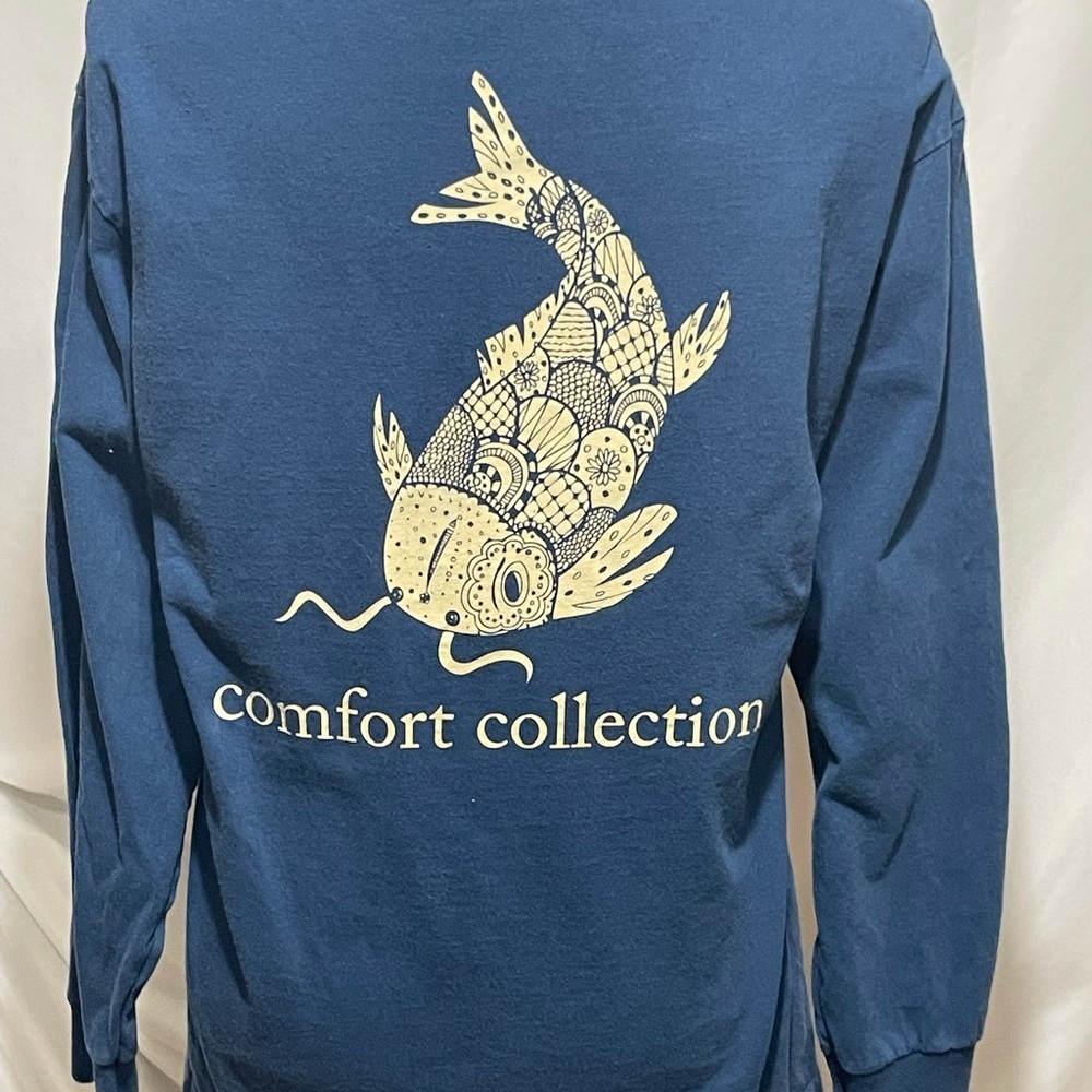 Comfort Collection Blue Long Sleeve Tee with Cream Colored Koi Fish Graphic
